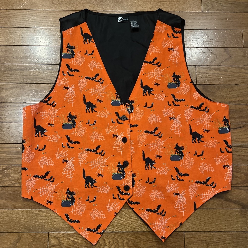 Halloween Vest Plus Size 1X Orange Black Cat Bat Spider Web Witch Tie Back